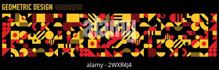 Striscione geometrico moderno astratto. Piè di pagina o intestazione orizzontale vettoriale con ornamenti vivaci in rosso, nero, giallo e linee pulite. Griglia a mosaico, moderna composizione di design creativo visivo Illustrazione Vettoriale