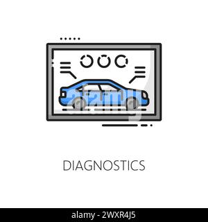 Icona della riga diagnostica del veicolo, assistenza auto del concessionario per l'acquisto della garanzia del veicolo, vettoriale delineato. Servizio di diagnostica automobilistica presso il salone di vendita auto o il centro commerciale automobilistico per attività di vendita auto Illustrazione Vettoriale