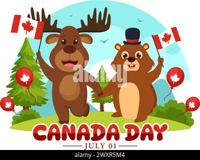 Happy Canada Day Vector Illustration Celebration il 1 luglio con acero e nastro sullo sfondo di National Holiday Flat Cartoon Illustrazione Vettoriale