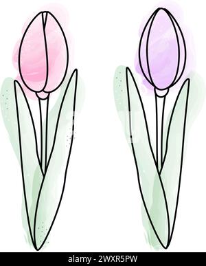 Set di 2 tulipani acquerelli in eleganti sfumature pallide. Elementi di design per biglietti di auguri o cartoline primaverili. Isolare. EPS. Vettore per poster, banner, brochure, affissioni o Web, promozioni, cartello, etichetta Illustrazione Vettoriale