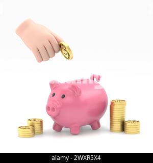Uomo d'affari isometrico 3d piatto che mette la moneta da un dollaro nel salvadanaio. Concetto di risparmio economico e finanziario.rendering 3D su sfondo bianco. Foto Stock