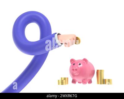 Uomo d'affari isometrico 3d piatto che mette la moneta da un dollaro nel salvadanaio. Concetto di risparmio economico e finanziario.rendering 3D.concetto di braccio lungo. Foto Stock