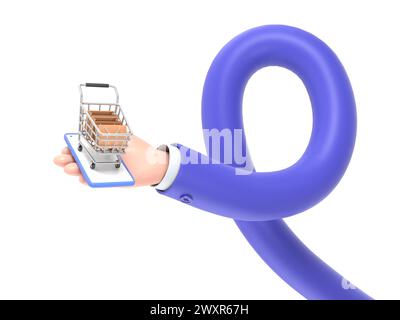 Icona Cartoon Gesture Mockup.Flat uomo d'affari isometrico 3d a mano con borsa della spesa e carrello sullo smartphone. Concetto di shopping online.concetto di braccio lungo. Foto Stock