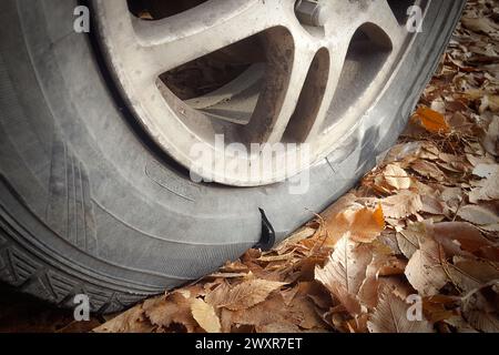 Primo piano di una ruota di un'auto con uno pneumatico lacerato sul lato Foto Stock