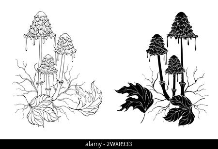 Disegni artistici, contorni e silhouette impreziosiscono funghi con rami e foglie autunnali cadute su sfondo bianco. Illustrazione Vettoriale