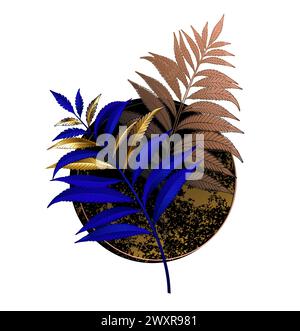 Composizione asimmetrica, insolita, floreale di oro e ultramarina, ramo di felce blu con cerchio testurizzato nero su sfondo bianco. Filiale di Fern. Illustrazione Vettoriale