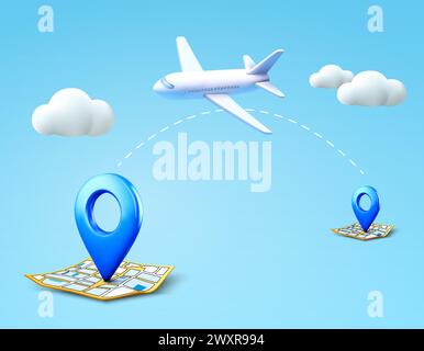 In giro per il mondo viaggiando in aereo, viaggiando in aereo in vari paesi, viaggiando sulla mappa globale. Destinazione 3D, viaggi e logistica. modello banner. Illustrazione vettoriale 3D. Illustrazione vettoriale Illustrazione Vettoriale