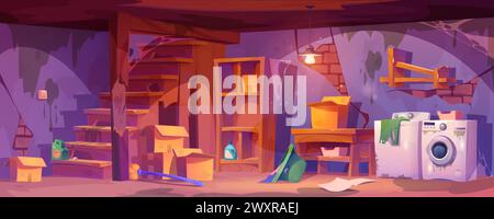 Lavanderia abbandonata nel seminterrato. Illustrazione di cartoni animati vettoriali di una cantina disordinata con lavatrice sporca, scaffali di legno rotti e scale, rete di carbone polverosa su pareti in mattoni danneggiati, scatole di cartone Illustrazione Vettoriale