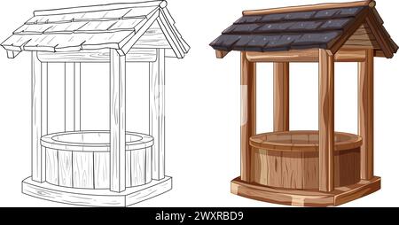 Due stili di pozzi in legno, disegnati e colorati Illustrazione Vettoriale