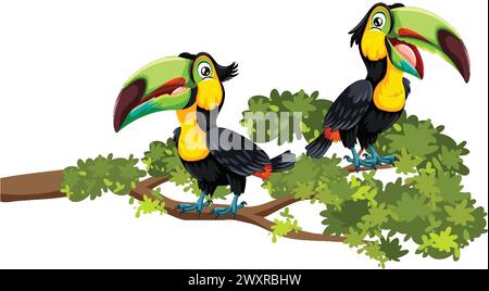 Due vibranti toucan arroccati su un lussureggiante ramo d'albero Illustrazione Vettoriale