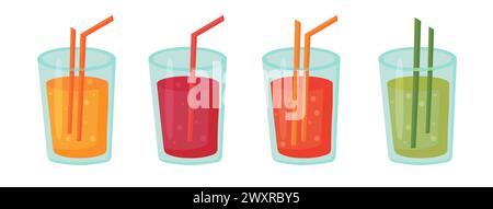 Cocktail di frutta in bicchieri con cannucce. Preparate una bevanda estiva fresca. Illustrazione vettoriale. Illustrazione Vettoriale
