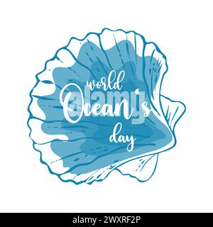 Giornata oceanica sulle conchiglie blu contorno disegno a mano. Emblema, isolato, sfondo bianco. Illustrazione vettoriale Illustrazione Vettoriale