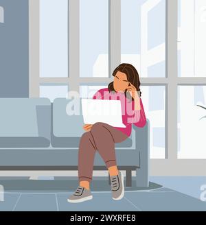 Donna d'affari seduta sul divano, che lavora su un notebook. Illustrazione Vettoriale