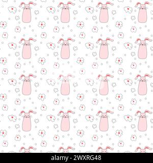 Motivo senza cuciture con coniglietti rosa con fiori. Coniglietti pasquali per la stampa di prodotti per bambini, tessuti e carta da parati su sfondo bianco. Illustrazione del vettore piatto del cartoni animati. Illustrazione Vettoriale