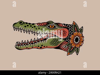 Tatuaggio vecchio stile che disegna la testa di coccodrillo Foto Stock