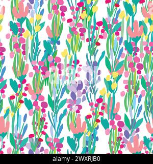un motivo senza cuciture di fiori e foglie colorate su sfondo bianco Illustrazione Vettoriale