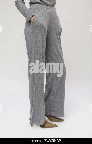 Serie di foto in studio della modella femminile in maglia grigia, collezione moda autunno inverno. Foto Stock