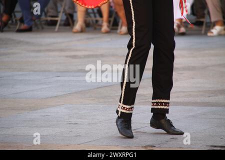 Un gruppo variegato di ballerini popolari baschi durante un festival in strada Foto Stock