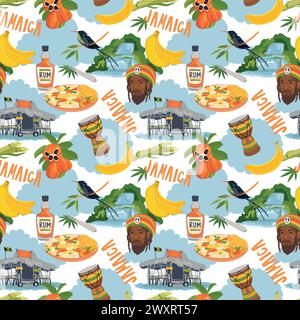 Motivo senza cuciture nei colori Rasta. Modello vettoriale giamaicano. Rum, frutta ackee, colibrì, cascata, bar sulla spiaggia, rastafariano, tamburo gigante in stile piatto Illustrazione Vettoriale