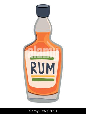 Bottiglia di rum in stile piatto. Illustrazione vettoriale di una bevanda alcolica su sfondo bianco. Una bevanda a base di canna da zucchero, comune nei Caraibi, trad Illustrazione Vettoriale