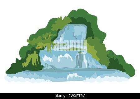 Illustrazione piatta del vettore della cascata. L'acqua scorre su rocce di montagna, una splendida cascata di fiume isolata sul bianco. Natura tropicale, paesaggio verde Illustrazione Vettoriale