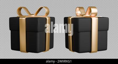 Scatole regalo con nastri, realistiche scatole nere 3d con archi dorati. Regalo a sorpresa isolato su sfondo grigio. Illustrazione Vettoriale