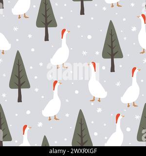 Motivo invernale senza cuciture con graziose oche nei cappelli di Babbo Natale e pini disegnati a mano. Buon sfondo vettoriale natalizio. Illustrazione Vettoriale