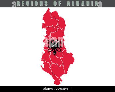 Mappa del paese dell'Albania. Mappa vettoriale dettagliata dell'Albania per regione. Mappa dell'Albania con bandiera. Illustrazione Vettoriale