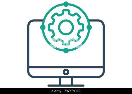 icona di sviluppo. monitorare con l'ingranaggio. icona relativa al piano d'azione, business. stile icona linea. illustrazione degli elementi aziendali Illustrazione Vettoriale