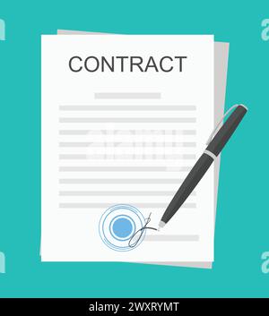 Contratto commerciale firmato alla scrivania. Icona contratta con penna. Illustrazione vettoriale Illustrazione Vettoriale