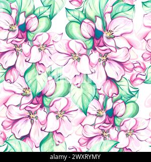 Motivo senza cuciture acquerello ciliegio giapponese in fiore, arte sakura. Bouquet di mele Foto Stock