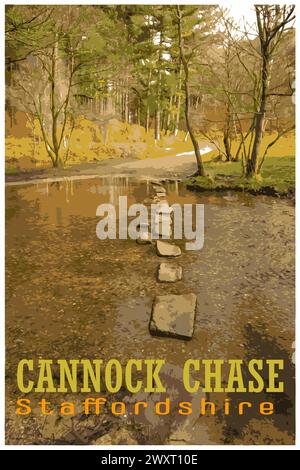 Poster di viaggio retrò nostalgico di Cannock Chase, Staffordshire, Inghilterra, Regno Unito nello stile di Work Projects Administration. Foto Stock