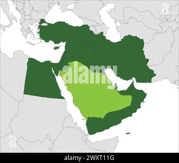 Mappa verde chiaro dell'ARABIA SAUDITA all'interno evidenziata mappa verde scuro del Medio Oriente Illustrazione Vettoriale