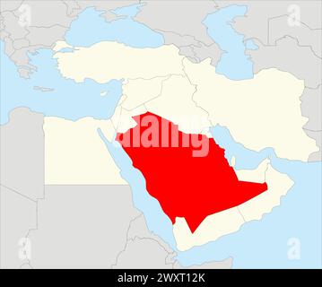 Mappa rossa dell'ARABIA SAUDITA all'interno della mappa beige evidenziata del Medio Oriente Illustrazione Vettoriale