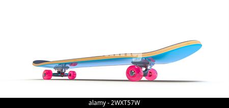 Skateboard vibrante con ponte blu e ruote rosa isolate sul bianco. rendering 3d. Foto Stock