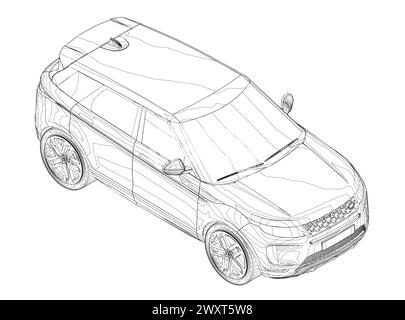 Profilo di un SUV moderno. Vista isometrica del veicolo incrociato con contorno isolato su sfondo bianco. Modello di auto vettoriale per branding, pubblicità, log Illustrazione Vettoriale