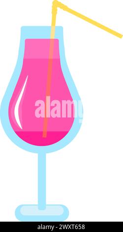 Bicchiere alto su stativo sottile con cocktail di lamponi e paglia. Cocktail di bacche tropicali. Icona delle vacanze estive. Semplice vettore di cartoni animati piatto isolato su bianco Illustrazione Vettoriale