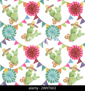 Motivo senza cuciture con elementi disegnati a mano Cinco de Mayo in acquerello. Cactus colorati con maracas e piastrelle di fiori di fiesta. Ripetere le clip art per il prin Foto Stock