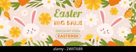 Modello banner orizzontale per la promozione degli sconti di Pasqua. Disegna con uova dipinte, fiori, carote e simpatico coniglietto. Pubblicità stagionale primaverile. Illustrazione del vettore piatto disegnata a mano Illustrazione Vettoriale