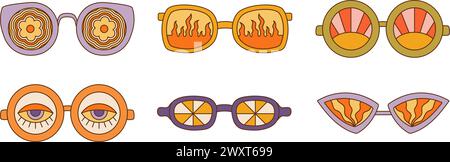 Collezione di occhiali da sole retro Groovy con motivi diversi. Set Vibe anni '1970 Illustrazione Vettoriale
