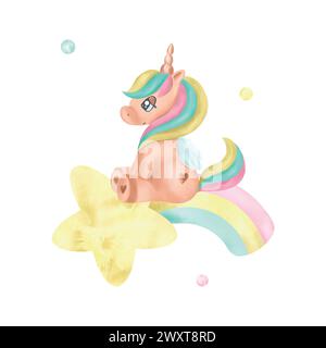 Simpatico unicorno seduto su un arcobaleno, acquerello. Illustrazione vettoriale disegnata a mano in colori pastello per biglietti, inviti, siti web, copertine di album. Set di Illustrazione Vettoriale