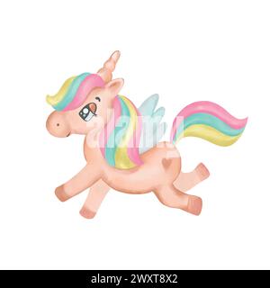 Simpatico unicorno, acquerello. Illustrazione vettoriale disegnata a mano in colori pastello per biglietti, inviti, siti web, copertine di album. Set di elementi per la fantasia Illustrazione Vettoriale