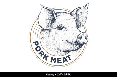 Maiale, testa di maiale, etichetta etichetta carne Illustrazione Vettoriale