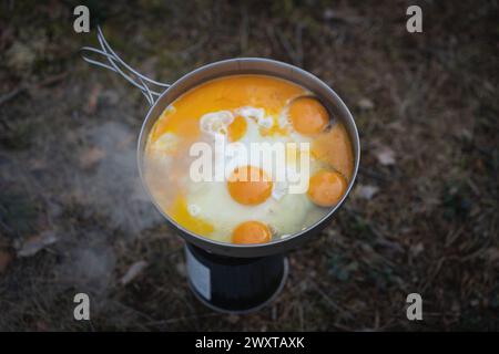 Cucinare all'aperto in campeggio usando il gas. Uova strapazzate in una padella. Foto Stock