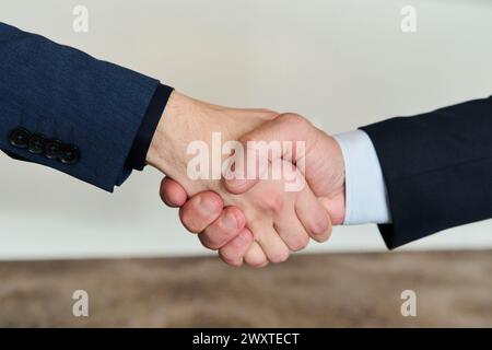 Uomini d'affari che stringono stretta di mano con partner, saluto, trattativa, fusione e acquisizione, concetto di joint venture aziendale, per affari, finanza e. Foto Stock