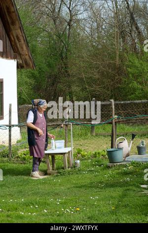 donna anziana anziana rom zingara che indossa abiti tradizionali pompa acqua dalla casa rurale di zala county ungheria Foto Stock