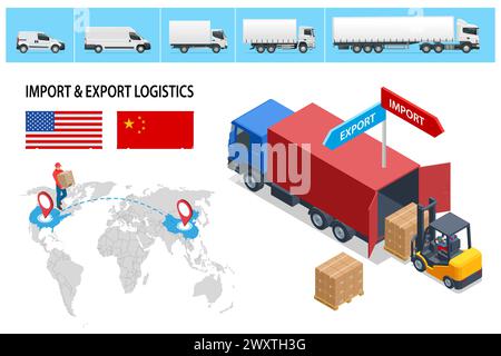 Isometric Shipping, Logistic Systems, Cargo Transport. Trasporto di camion merci, consegna, scatole. Consegna rapida o trasporto logistico. Consegna e. Illustrazione Vettoriale