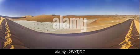 Vista panoramica dalla Big Daddy Dune a Sussusvlei sulla salina di Deathvlei con le dune rosse circostanti al mattino in estate Foto Stock