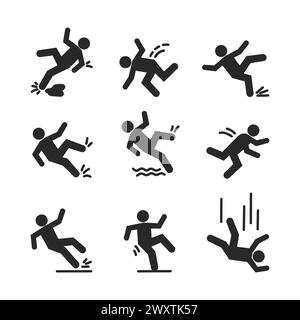 Set di simboli di attenzione con il personaggio Man che cade. Cade giù dalle scale e oltre il bordo. Pavimento bagnato, bloccato sulle scale. Sicurezza sul luogo di lavoro Illustrazione Vettoriale