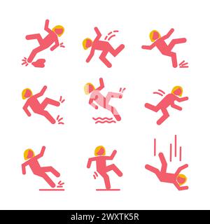 Set di simboli di attenzione con il personaggio rosa che cade. Cade giù dalle scale e oltre il bordo. Pavimento bagnato, bloccato sulle scale. Sicurezza sul luogo di lavoro Illustrazione Vettoriale